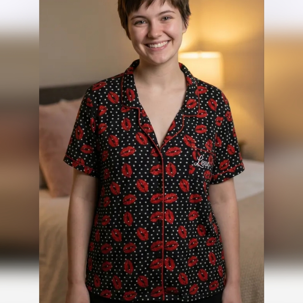 Red Kisses & White Polka Dots on Black Short Sleeve Pajama Top size 3X
